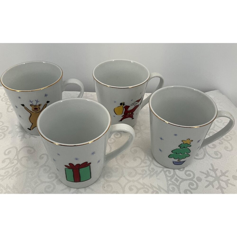 Merry Brite Christmas Holiday Ceramic Mugs Set of 4 With Festive Characters‎